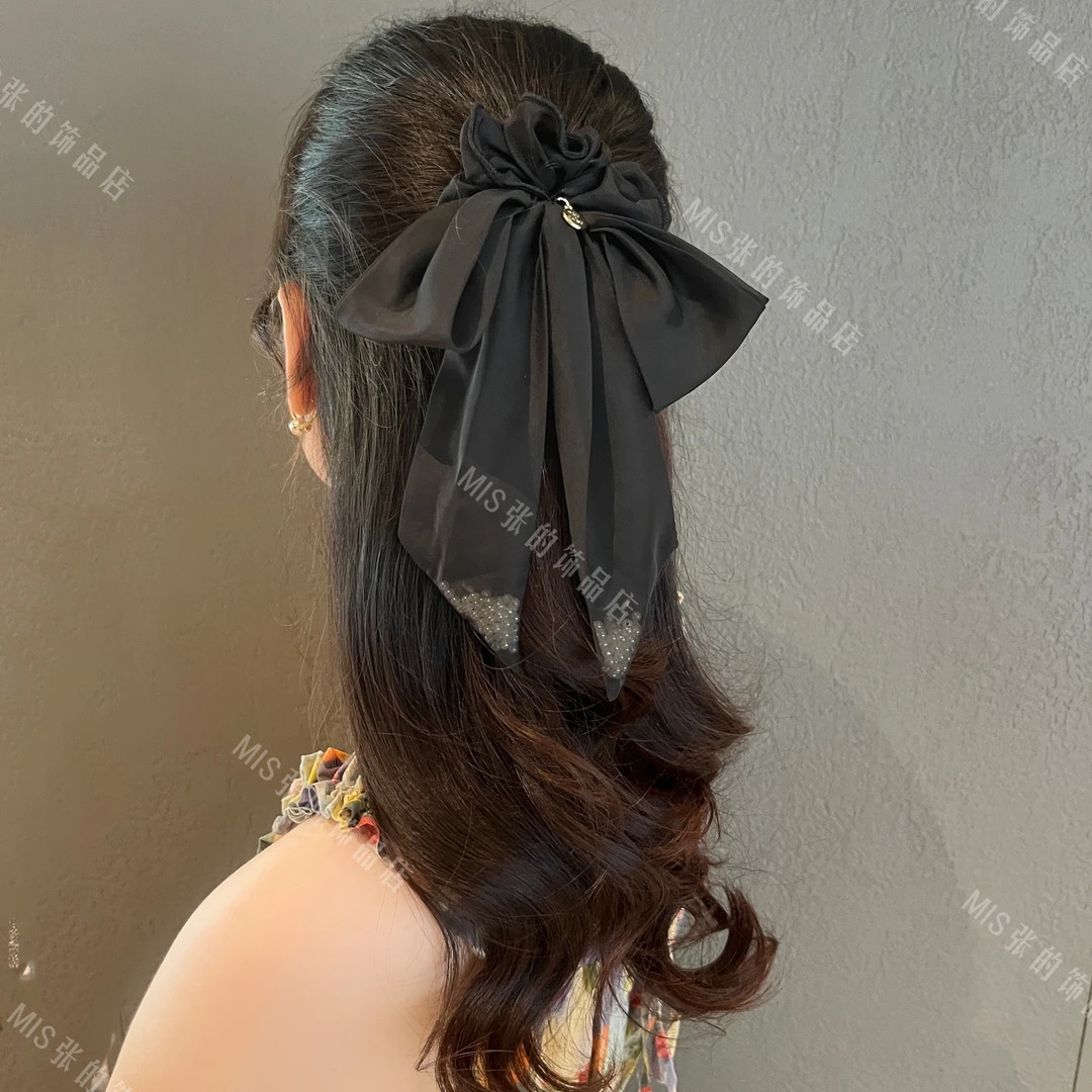帛妃  百搭韩系气质黑色珍珠蝴蝶结飘带头绳发圈ins超仙森系