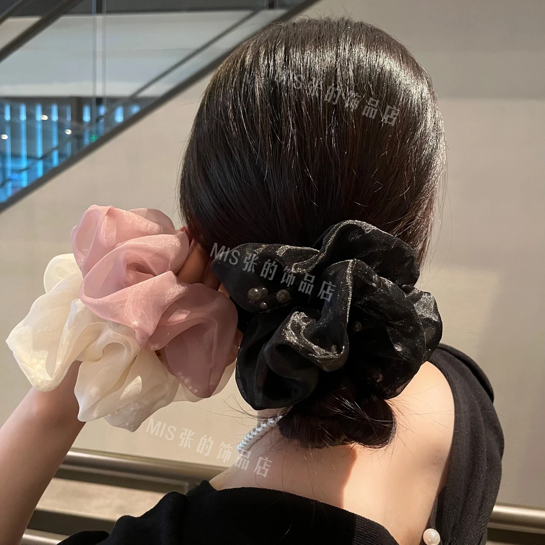 帛妃黑色纯色网纱灌珠简约发饰大肠发圈头花高端新款甜美百搭气质
