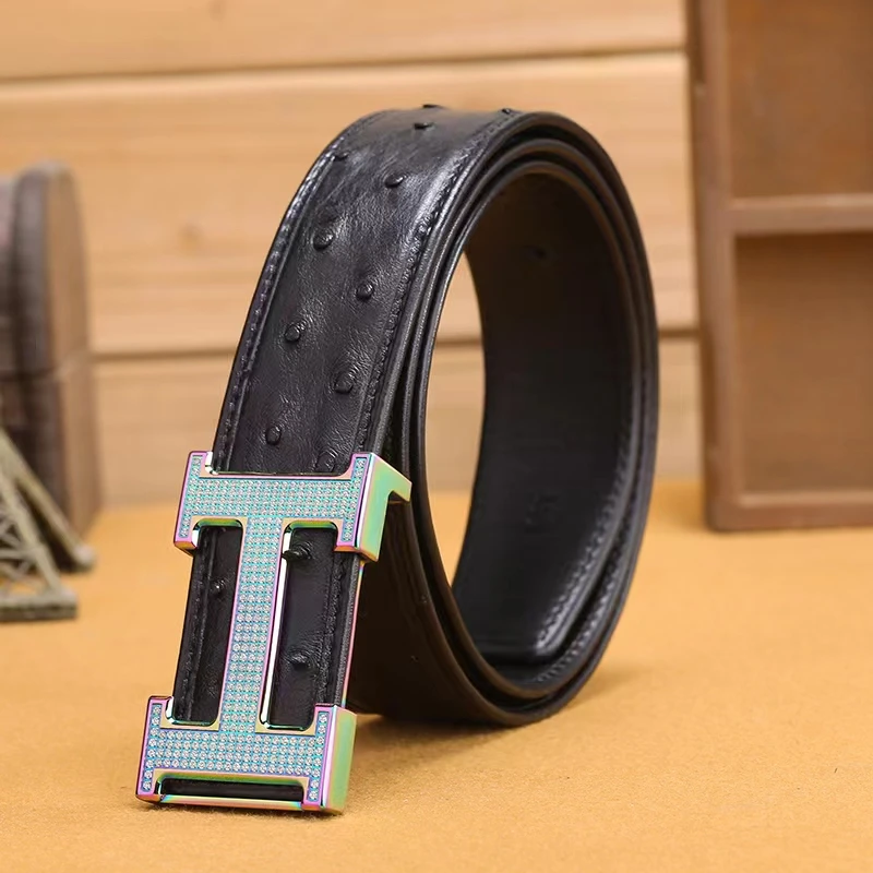 pp品牌男士真皮皮带韩版潮鸵鸟皮时尚腰带平滑工字扣百搭商务裤腰