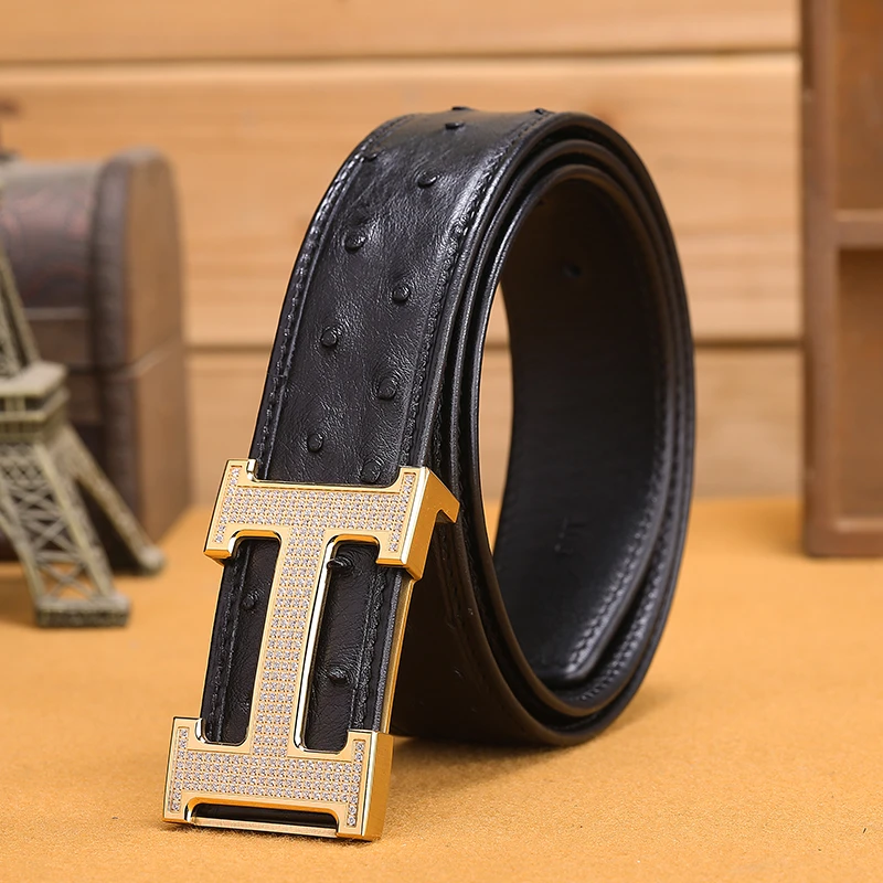 正品PP官方品牌皮带男社会鸵鸟皮潮流裤带平滑扣轻奢高档奢华腰带