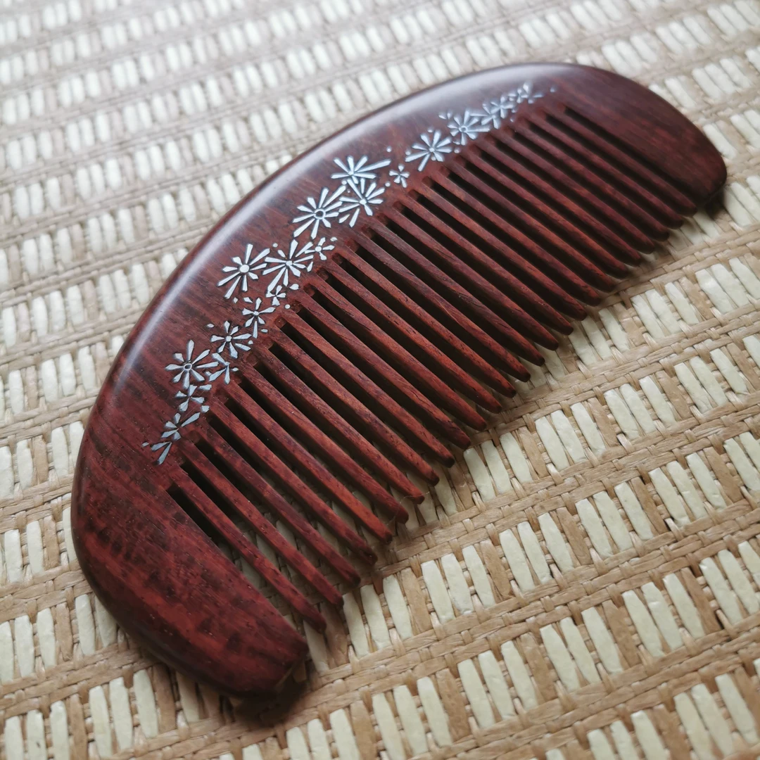 紫檀嵌银木梳雏菊手工制作
