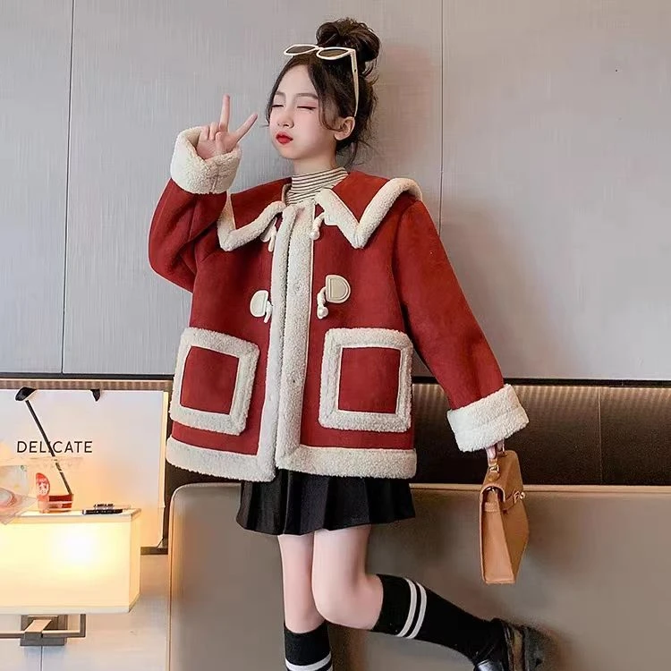 好物女童外套秋冬装2023新款韩版时髦洋气翻领加绒加厚潮流毛毛衣