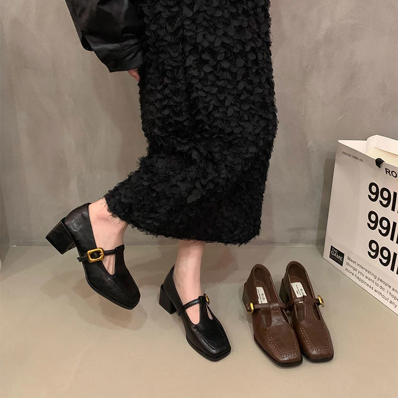 小众设计感粗跟单鞋乐福鞋春夏方头小皮鞋法式复古玛丽珍鞋女鞋子
