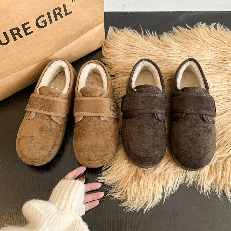 复古网红加绒加厚平底棉鞋女款2024新款冬季保暖魔术贴软底勃肯鞋