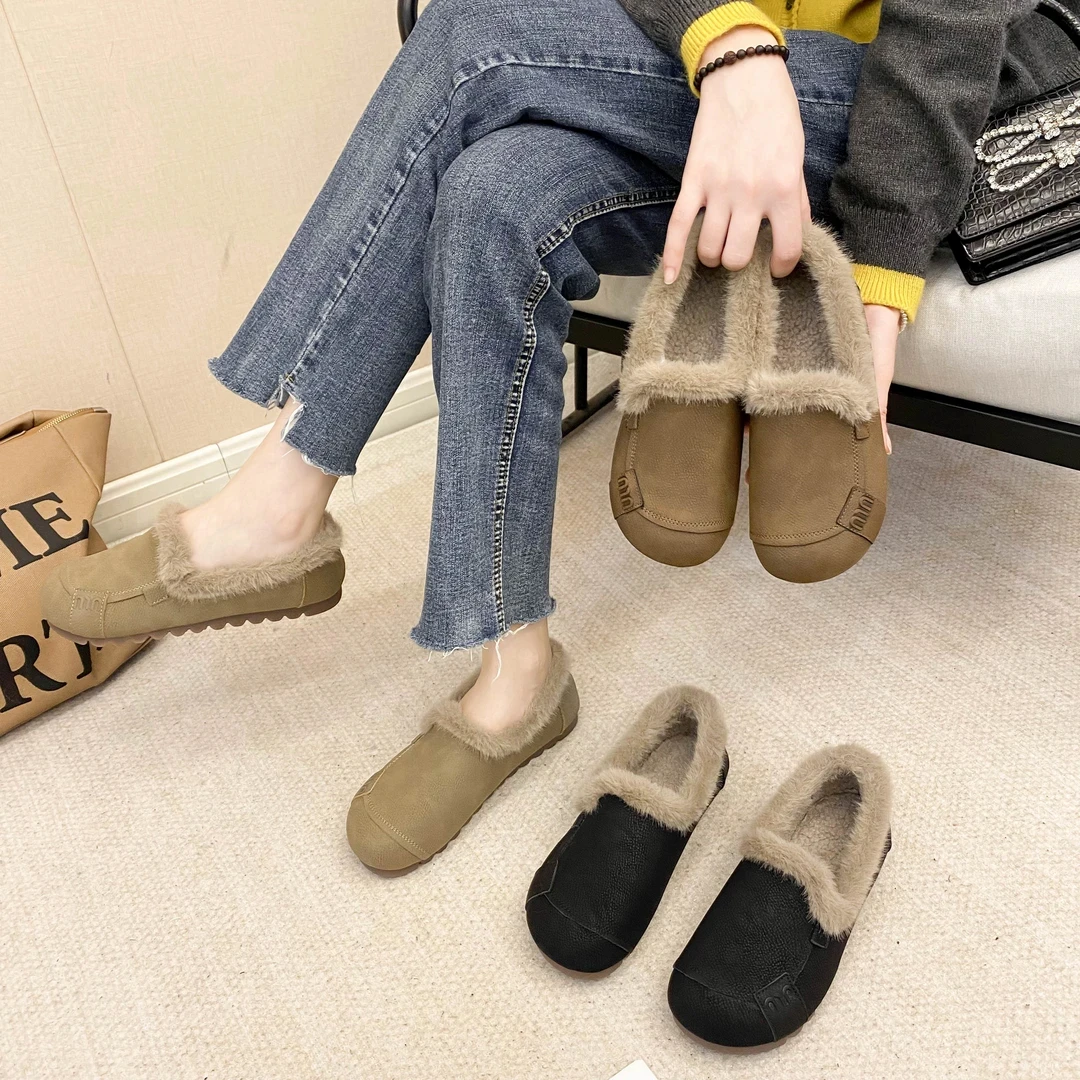 2024年冬季新款复古加绒圆头平底一脚蹬保暖豆豆鞋女磨砂毛毛棉鞋