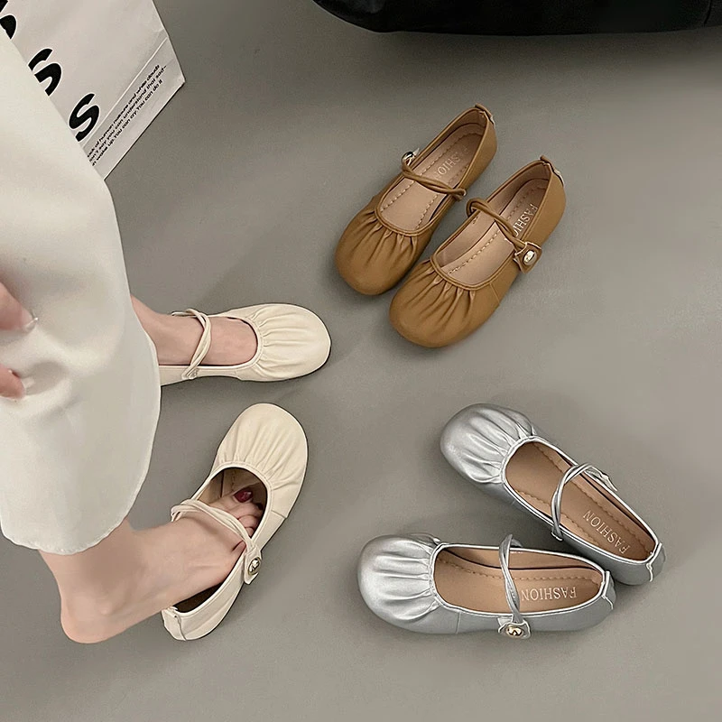 女2025年夏新款法式银色休闲褶皱玛丽珍鞋孕妇鞋子懒人豆豆鞋