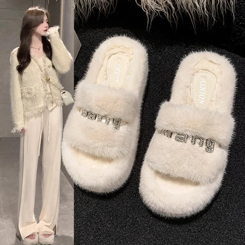 厚底毛毛拖鞋女秋冬季外穿高级感2025新款网红水钻保暖棉拖ins潮