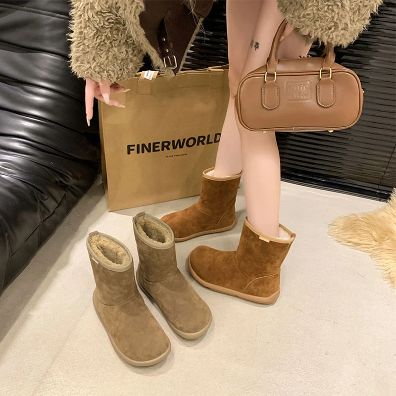 网红雪地靴女2024冬季新款加绒加厚东北棉鞋厚底皮毛一体短筒棉靴