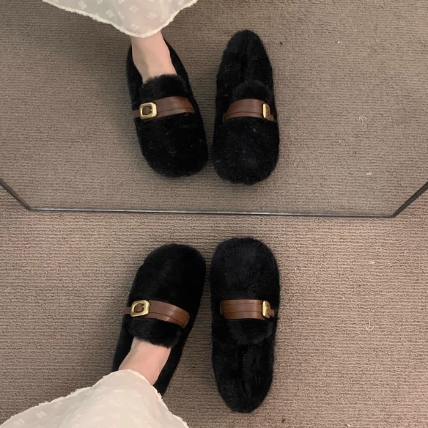 法式高级黑色毛毛鞋女秋冬外穿2025秋冬时髦洋气加绒晚晚豆豆棉鞋