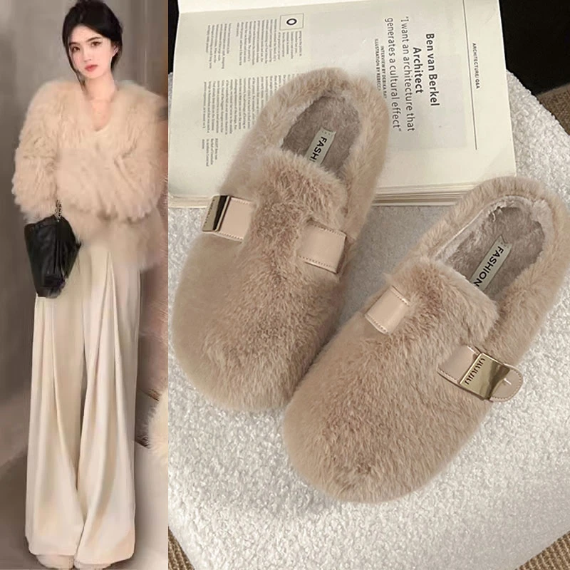 一脚蹬仙女风毛毛拖鞋女外穿2024年秋冬新款软底懒人包头半拖棉鞋