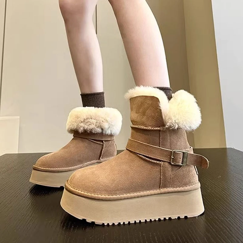 时尚翻折增高厚底雪地靴女2025冬季新款加绒加厚皮毛一体东北棉鞋