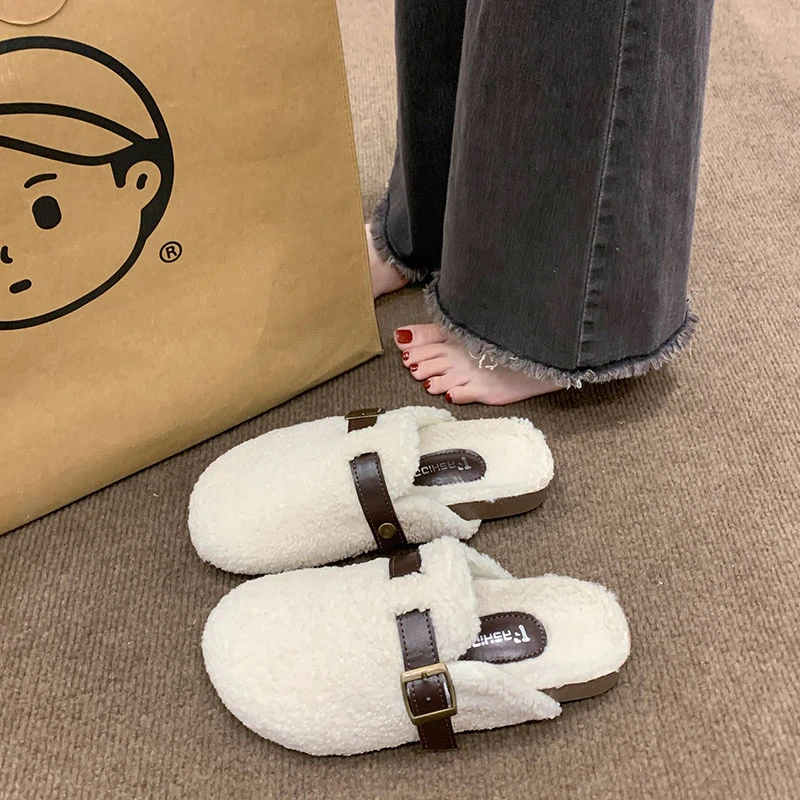 半拖毛毛鞋外穿2025年冬季新款一脚蹬平底懒人包头棉拖鞋网红爆款