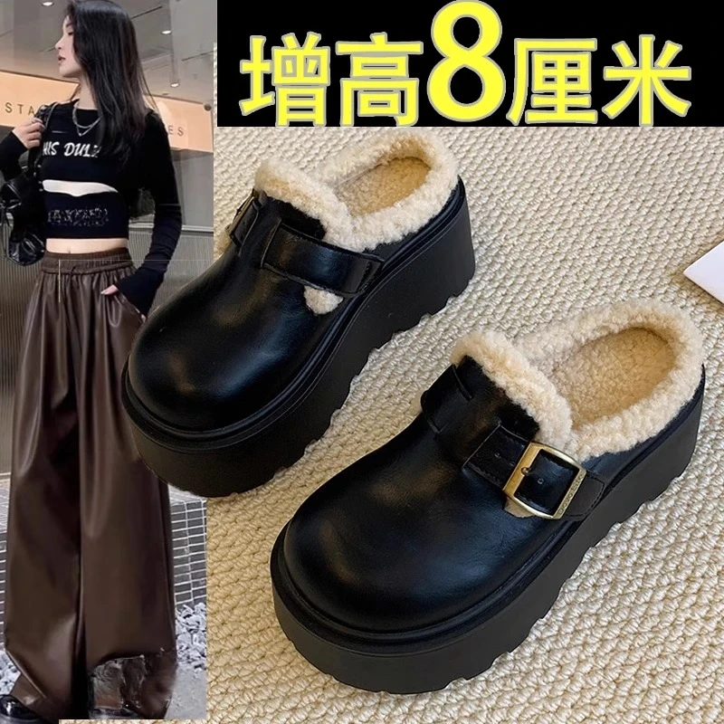 松糕厚底增高加绒勃肯鞋女毛毛拖鞋外穿半拖鞋女款2024新款爆款