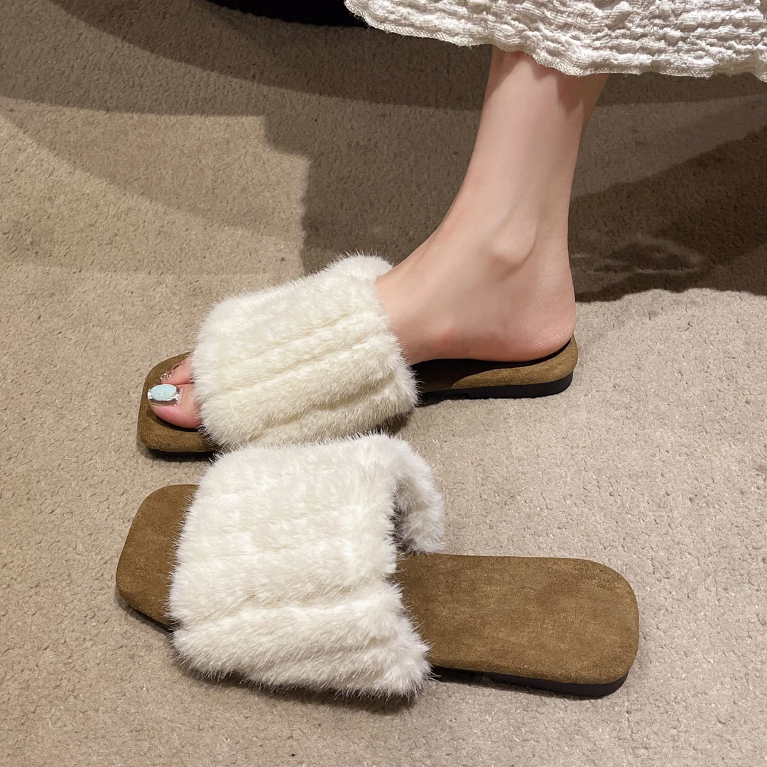 厚底毛毛拖鞋女外穿2025新款秋冬季仙女风一字棉拖鞋网红毛毛鞋