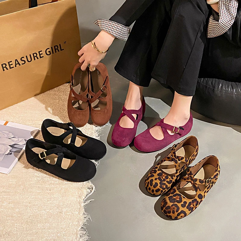 交叉扣带复古浅口单鞋女2025秋季新款豹纹时尚晚晚鞋百搭玛丽珍鞋