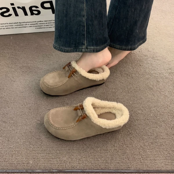 磨砂软皮勃肯鞋女加绒厚底半拖秋冬新款复古丑萌乐福博肯保暖棉鞋