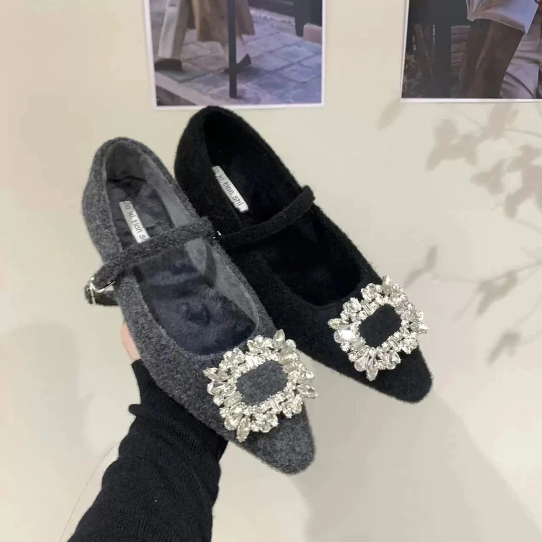 内增高水钻绒面黑色单鞋女鞋子2025秋冬季配裙子加绒玛丽珍毛毛鞋