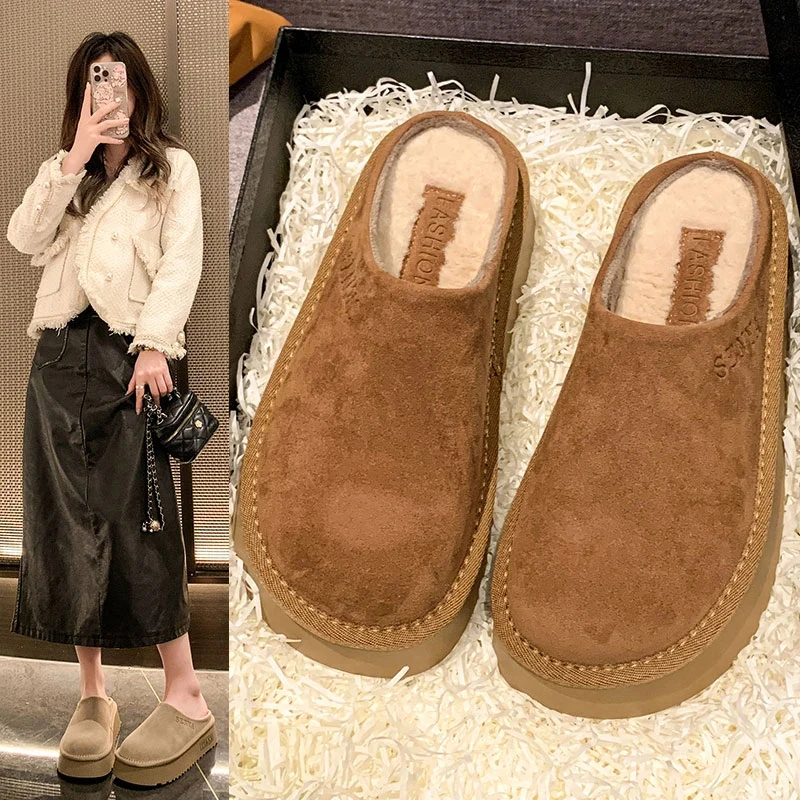 脚蹬厚底毛毛拖鞋女秋冬外穿2024新款韩版加绒保暖包头勃肯半拖