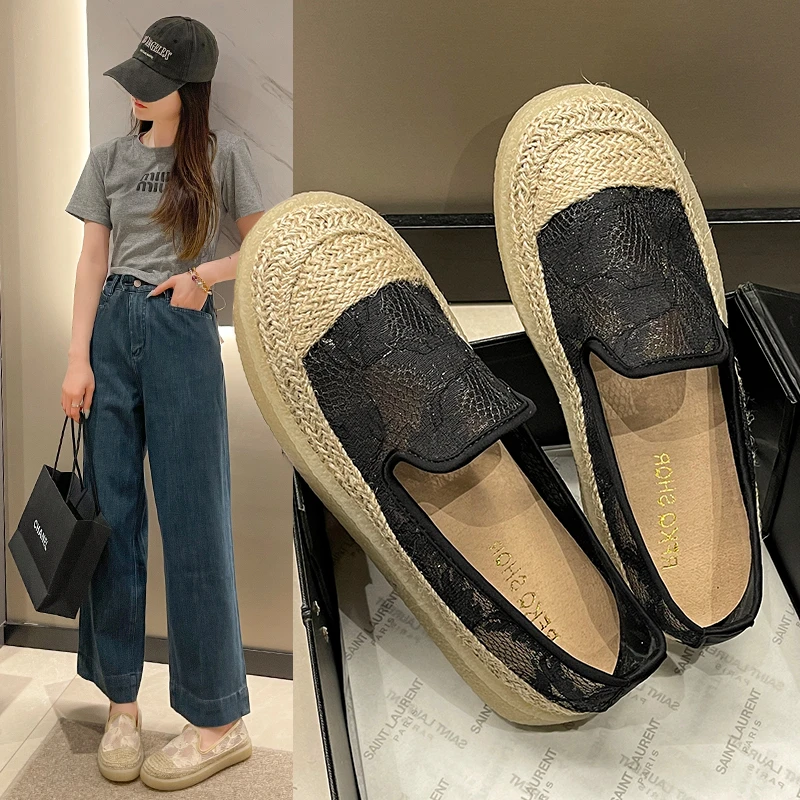 渔夫鞋女2024新款夏季蕾丝网面透气薄懒人一脚蹬布鞋妈妈孕妇单鞋