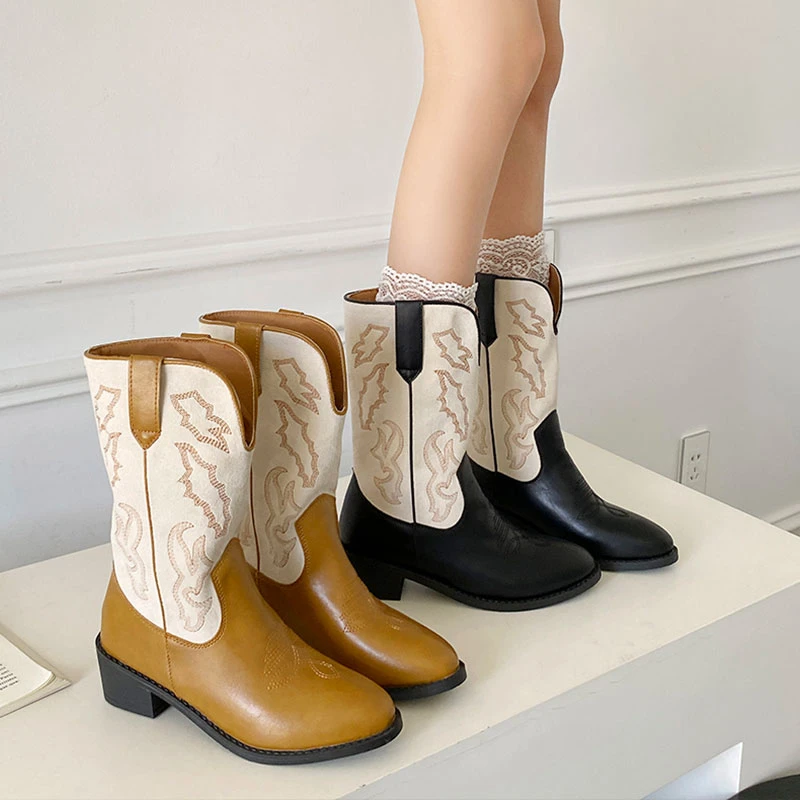 易梦玲同款西部牛仔靴女粗跟刺绣显瘦中筒靴百搭尖头秋季骑士靴子