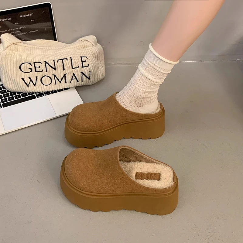 厚底增高勃肯鞋女外穿2024秋冬新款一脚蹬毛毛棉拖加绒包头半拖鞋