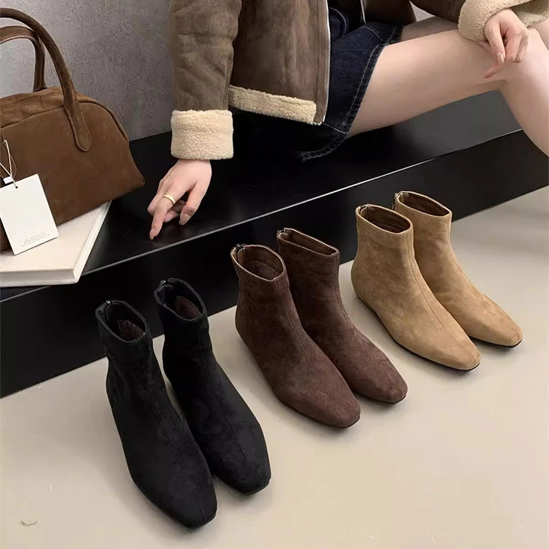 高级感粗跟绒面法式小踝靴方头瘦瘦短靴女鞋秋冬新款加绒马丁靴子