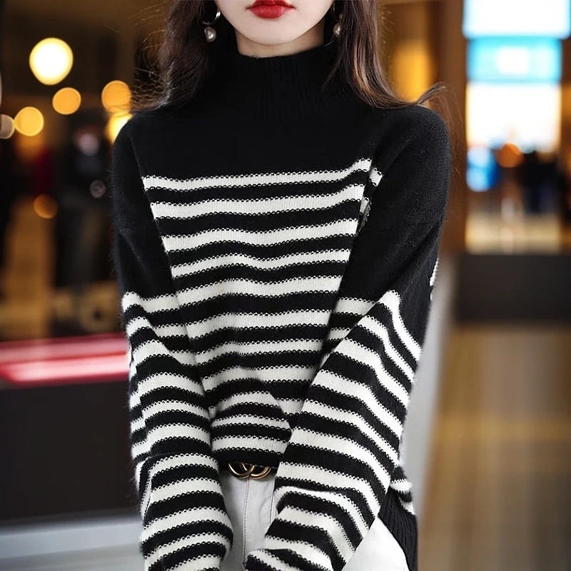 气质时尚慵懒风毛针织衫女半高领黑白条纹长袖显瘦针织衫毛衣女士