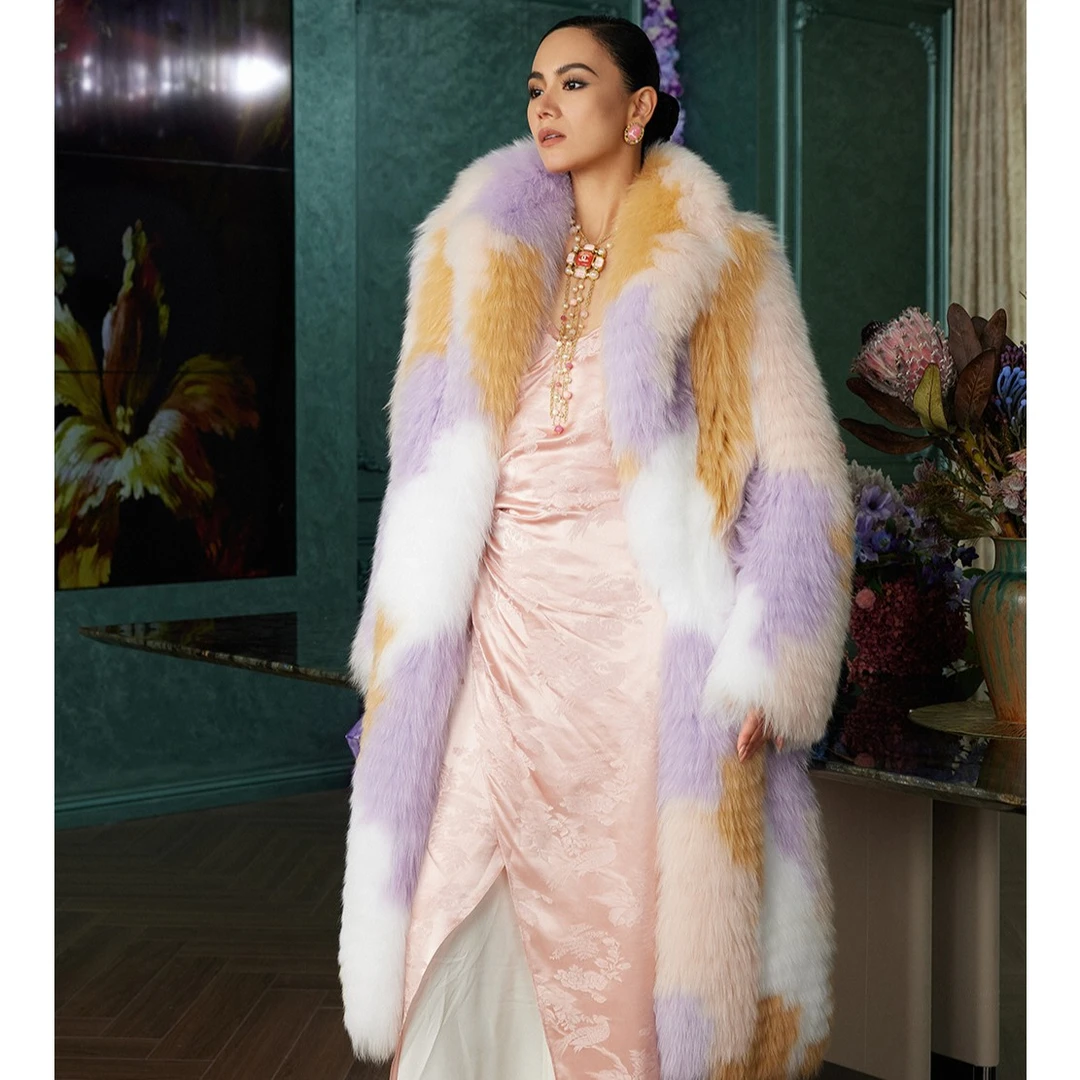 【福禧风姿】2025年新款西装领狐狸毛编织撞色皮草外套女大衣H23272