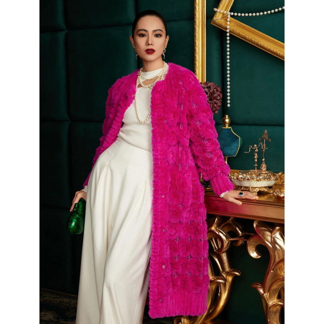 【人间玫瑰】水貂皮草外套女时尚长款勾花貂皮大衣S23392