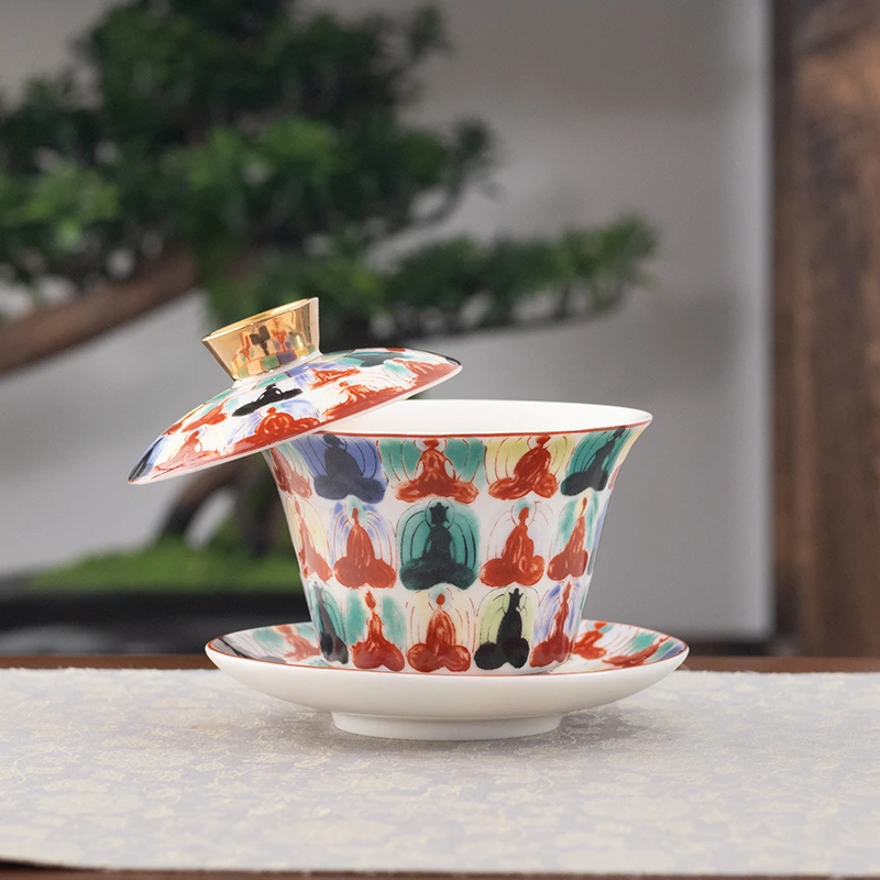 万佛三才悬停盖碗可旋转家用陶瓷高档功夫三才泡茶碗单个新中式