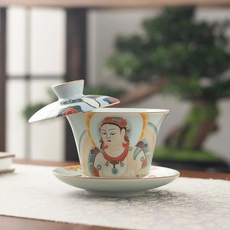 敦煌飞天汝窑佛像三才盖碗可悬停家用中式陶瓷功夫茶具泡茶碗茶杯
