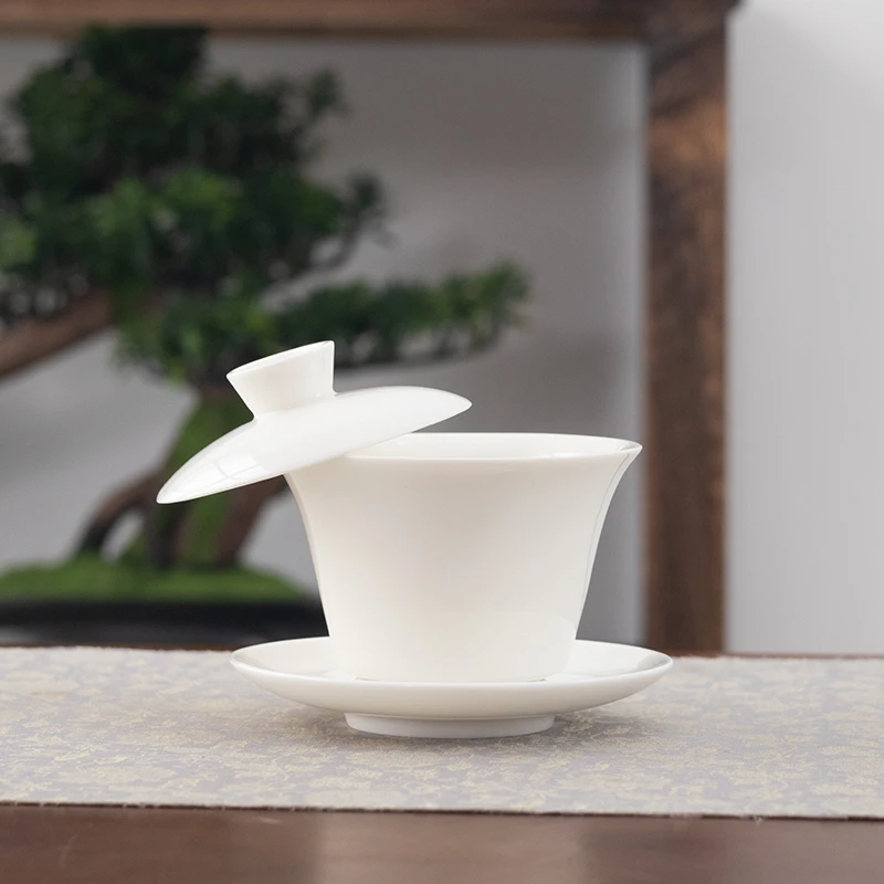 纯白羊脂玉瓷三才盖碗可悬停家用中式陶瓷简约功夫泡茶碗单个E789