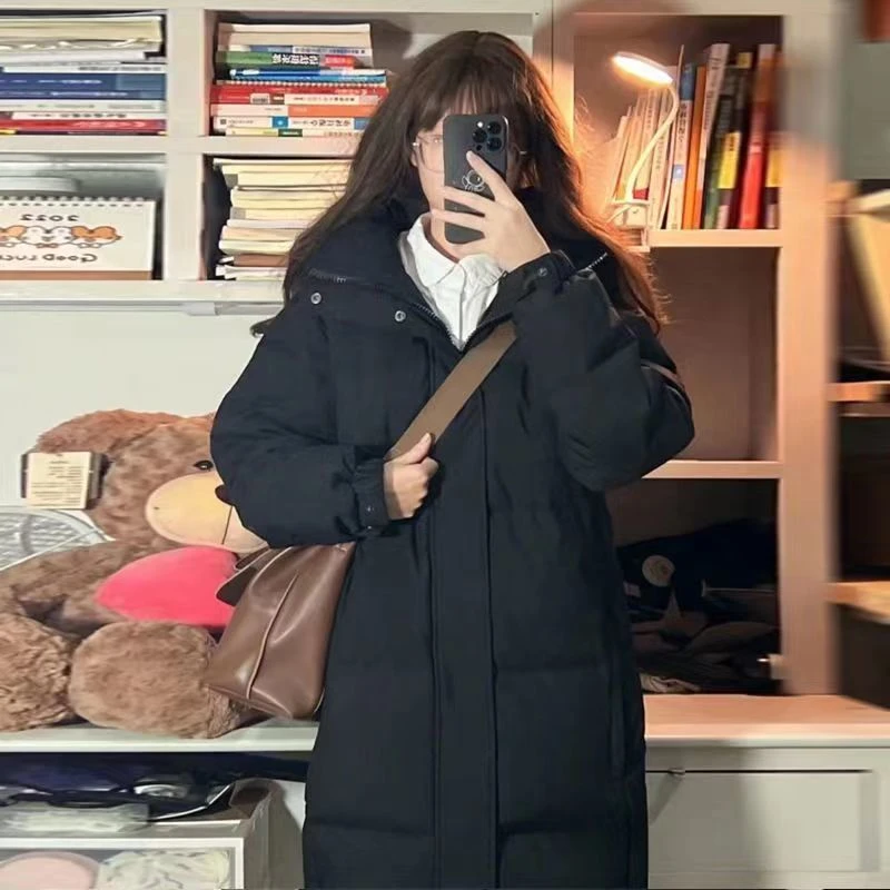 黑色棉服女中长款2023冬装新款加厚棉袄中戏艺考学生长款过膝外套