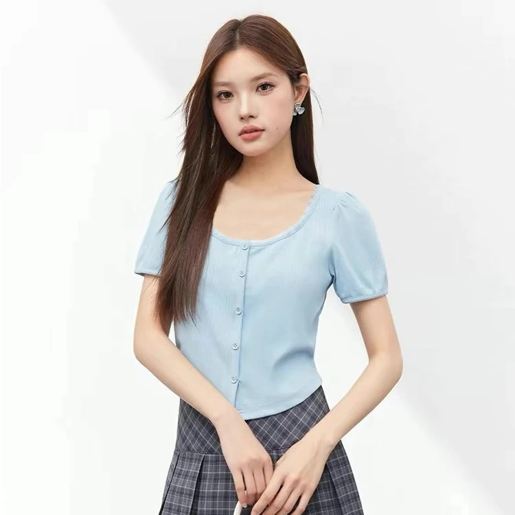 160#小个子定制版法式时尚新款上衣女小众T恤花边甜酷感t夏季短袖