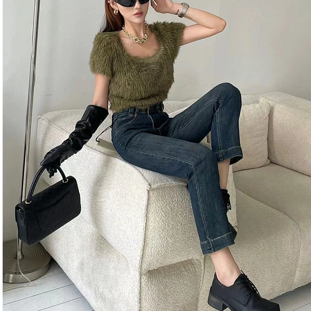 037水泥色加绒直筒牛仔裤女秋冬季高腰显瘦小个子烟管裤子