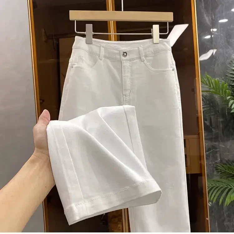 白色窄版阔腿牛仔裤女2025高腰宽松秋装小个子直筒宽松休闲拖地裤
