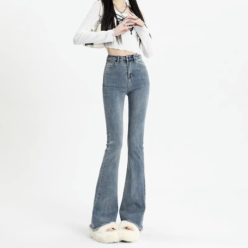新款时尚高腰春装毛边微喇牛仔裤女2025修身宽松弹力休闲潮裤子