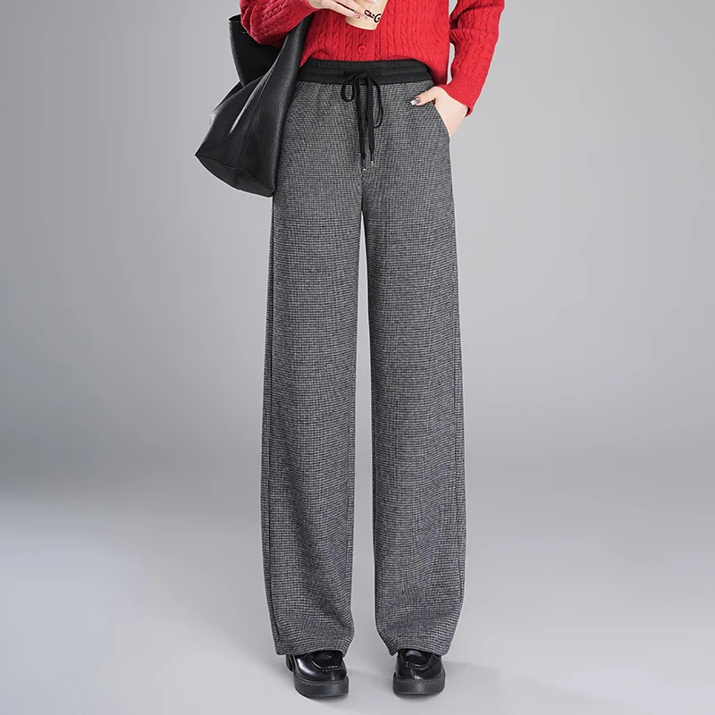 阔腿裤女秋冬季新款松紧高腰加厚羊毛呢宽松直筒加长裤子休闲裤女