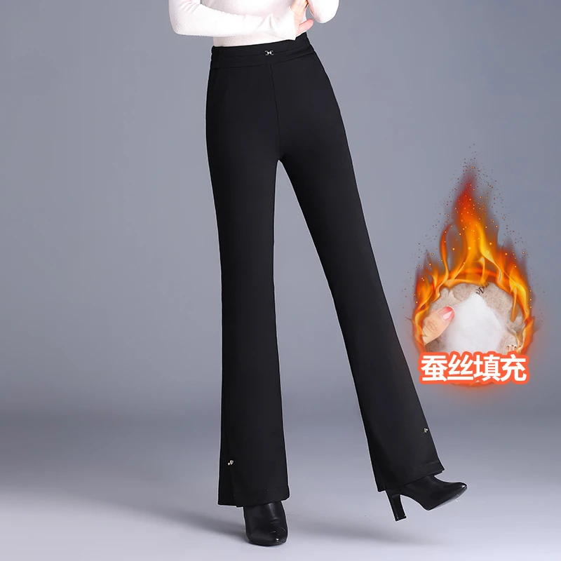 2025冬季新款棉裤加厚保暖蚕丝绒外穿黑色高腰显瘦弹力休闲喇叭子