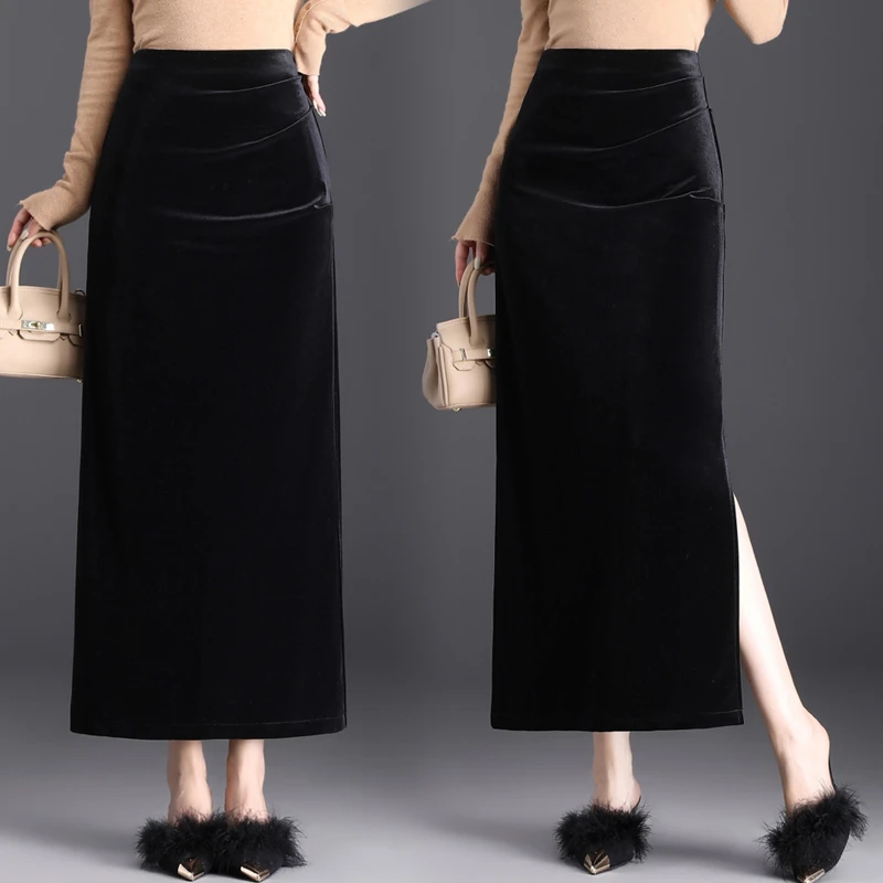 金丝绒半身裙女秋冬2025年高腰气质显瘦开叉到脚踝一步裙包臀长裙