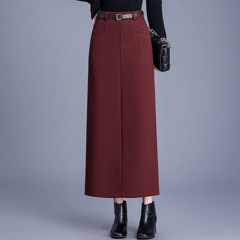 毛呢半身裙女秋冬新款长款一步裙开叉格纹包臀直筒裙显瘦长裙冬款