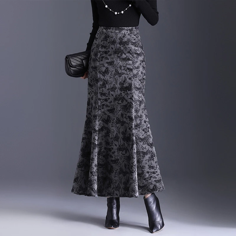 毛呢印花鱼尾裙女秋冬新款气质时尚超长款到脚踝包臀裙显瘦半身裙