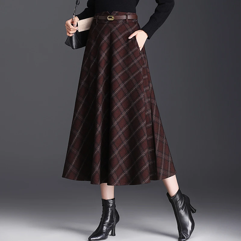 2025秋冬季新款高腰显瘦复古格纹a字裙大摆长裙百褶裙毛呢半身裙