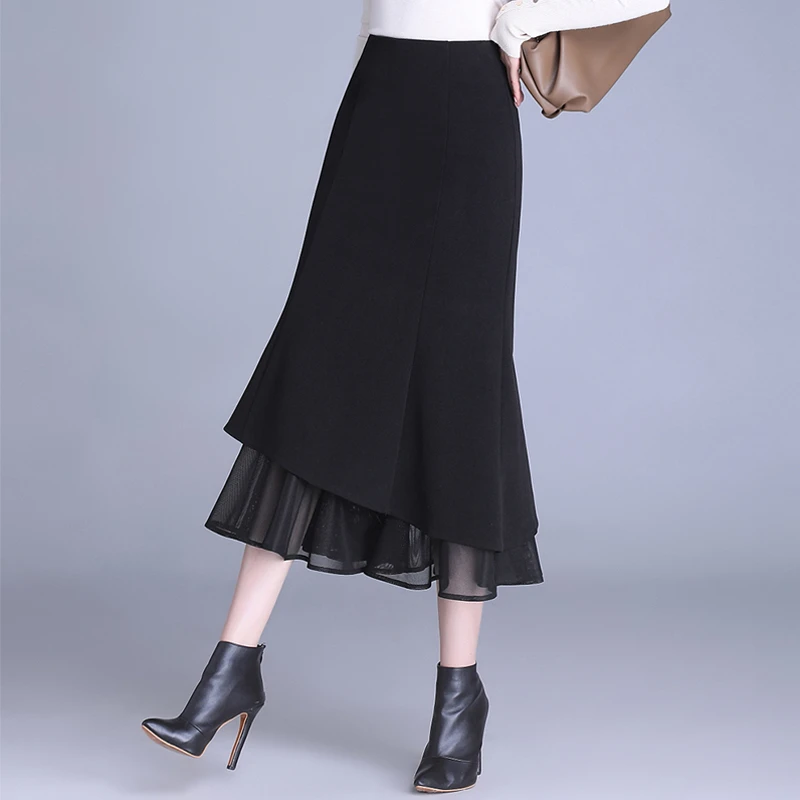 毛呢半身裙女秋冬2024年新款高腰显瘦中长款气质网纱边鱼尾包臀裙