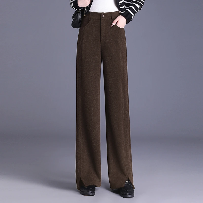毛呢直筒裤女秋冬季新款毛呢裤子高腰显瘦垂感开叉黑色长裤阔腿裤