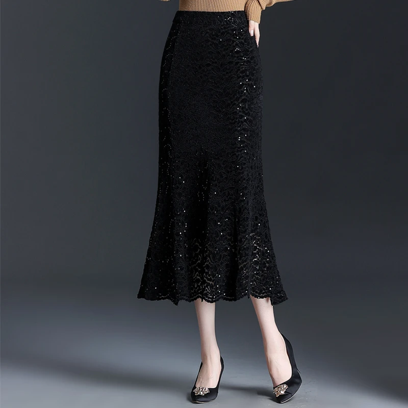 黑色鱼尾裙半身裙小个子显瘦气质裙子中长款春秋蕾丝亮片包臀裙女