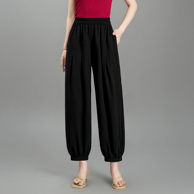 黑色灯笼裤春夏季薄款女新高腰宽松阔腿萝卜裤大码休闲九分哈伦裤
