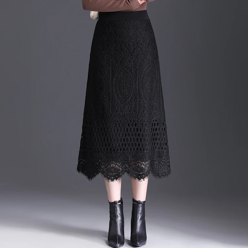 水溶黑色蕾丝半身裙a字裙女2024年秋冬中长款高腰显瘦两面穿半裙
