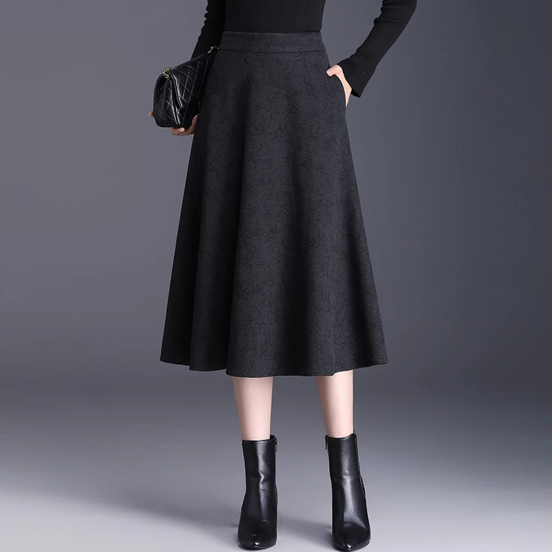 毛呢a字裙高腰显瘦中长款提花秋冬新款半身裙百褶裙大摆呢子伞裙
