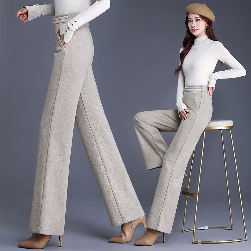 毛呢直筒裤女秋冬新款加厚保暖桑蚕丝羊毛大码休闲显瘦百搭阔腿裤